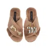 Laines London Women's Brown Classic Laines Slippers With Stripe 70th Birthday & Glass Of Champagne Brooches - Toff In Brown
