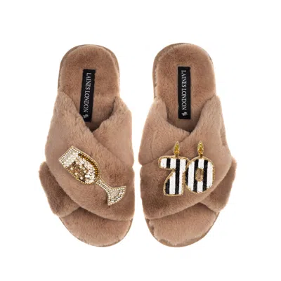 Laines London Women's Brown Classic Laines Slippers With Stripe 70th Birthday & Glass Of Champagne Brooches - Toff