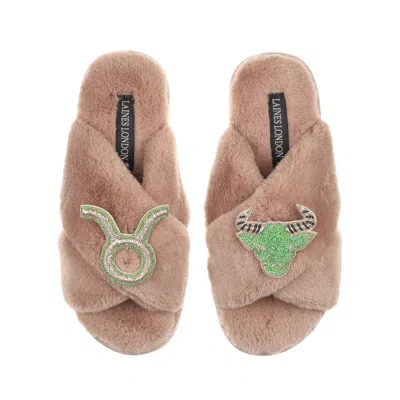 Laines London Women's Brown Classic Laines Slippers With Taurus Zodiac Brooches - Toffee