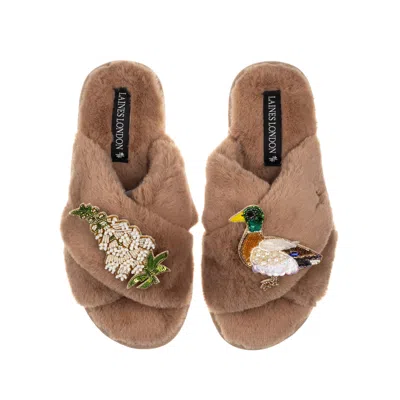 Laines London Women's Brown Classic Laines Slippers With White Foxglove Flowers & Duck Brooches - Toffee