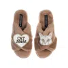 Laines London Women's Brown Classic Laines Slippers With White Lily Cat & Cat Mum / Mom Brooches - Toffee In Brown