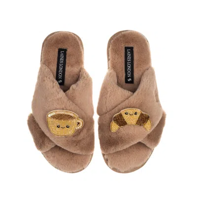 Laines London Women's Brown Classic Slippers With Laines Loveables Coffee & Croissant Brooches - Toffee