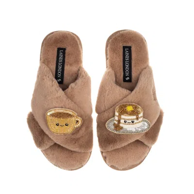 Laines London Women's Brown Classic Slippers With Laines Loveables Coffee & Pancakes Brooches - Toffee