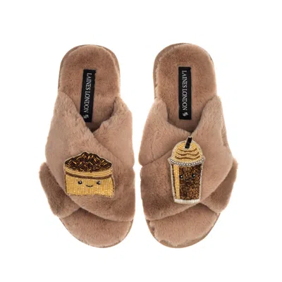 Laines London Women's Brown Classic Slippers With Laines Loveables Coffee Beans & Frappe Brooches - Toffee