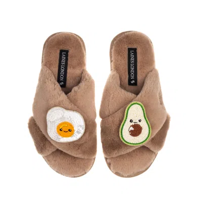 Laines London Women's Brown Classic Slippers With Laines Loveables Egg & Avocado Brooches - Toffee