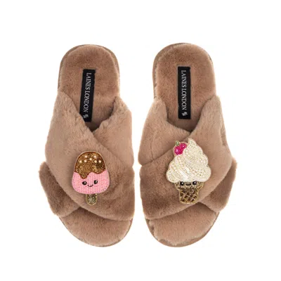 Laines London Women's Brown Classic Slippers With Laines Loveables Ice Lolly & Ice Cream Brooches - Toffee
