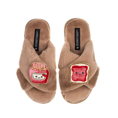 Laines London Women's Brown Classic Slippers With Laines Loveables Jam & Toast Brooches - Toffee