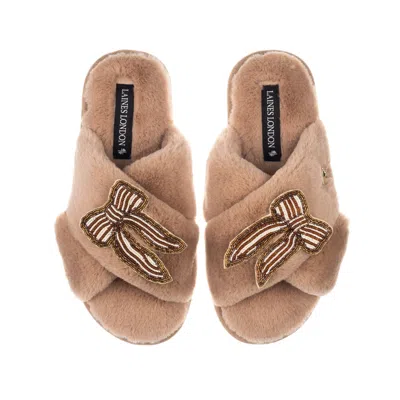 Laines London Women's Brown / Gold / Neutrals Classic Laines Slippers With Brown & Pearl Beaded Stripe Bow Brooche In Multi