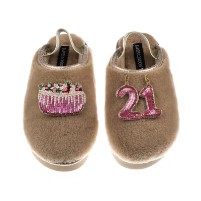 Laines London Women's Brown / Gold / Neutrals Flatform Cloud Slippers With 21st Birthday & Cake Brooches - Toffee
