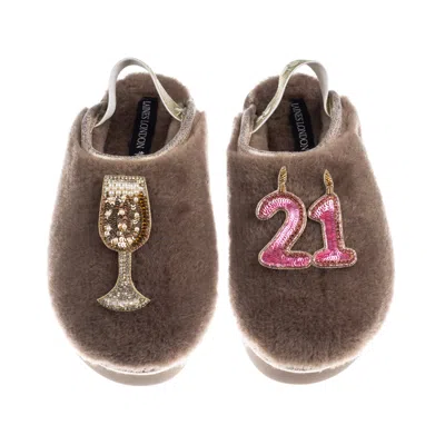 Laines London Women's Brown / Gold / Neutrals Flatform Cloud Slippers With 21st Birthday & Champagne Glass Brooche