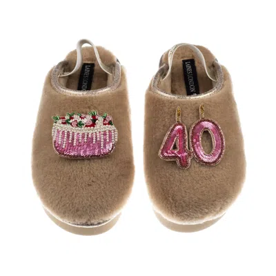 Laines London Women's Brown / Gold / Neutrals Flatform Cloud Slippers With 40th Birthday & Cake Brooches - Toffee