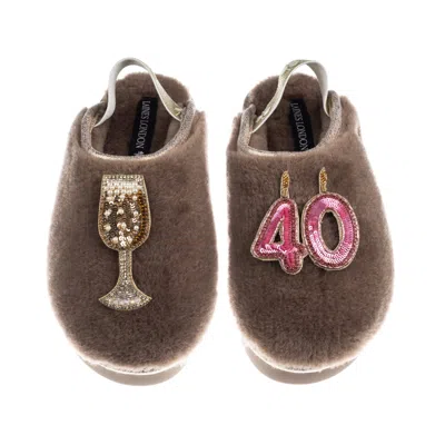 Laines London Women's Brown / Gold / Neutrals Flatform Cloud Slippers With 40th Birthday & Champagne Glass Brooche