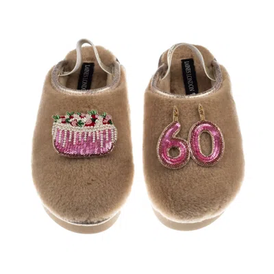 Laines London Women's Brown / Gold / Neutrals Flatform Cloud Slippers With 60th Birthday & Cake Brooches - Toffee In Multi