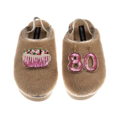 Laines London Women's Brown / Gold / Neutrals Flatform Cloud Slippers With 80th Birthday & Cake Brooches - Toffee