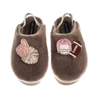 Laines London Women's Brown / Gold / Neutrals Flatform Cloud Slippers With American Football Brooches - Mink