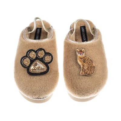 Laines London Women's Brown / Gold / Neutrals Flatform Cloud Slippers With Bengal Cat & Paw Brooches - Toffee
