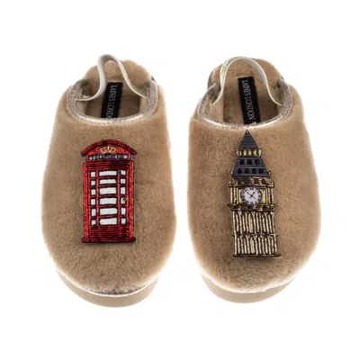 Laines London Women's Brown / Gold / Neutrals Flatform Cloud Slippers With Big Ben & British Phone Box Brooches -  In Multi