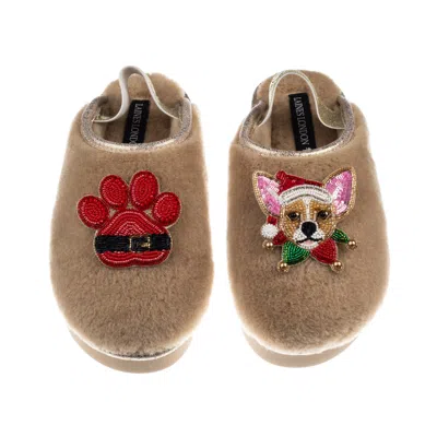 Laines London Women's Brown / Gold / Neutrals Flatform Cloud Slippers With Christmas Chihuahua & Paw Brooches - To
