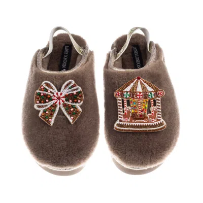 Laines London Women's Brown / Gold / Neutrals Flatform Cloud Slippers With Christmas Gingerbread Bow & Carousel Br In Multi