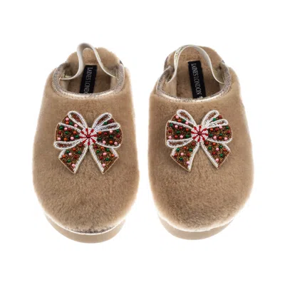 Laines London Women's Brown / Gold / Neutrals Flatform Cloud Slippers With Christmas Gingerbread Bows Brooches - T In Multi