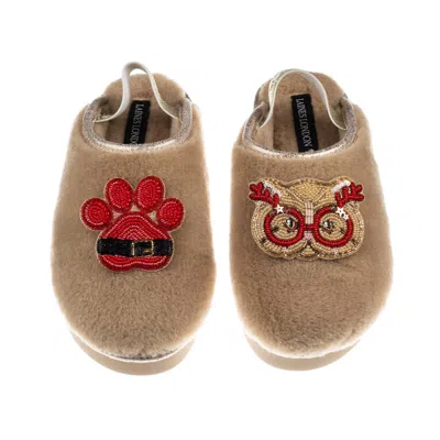 Laines London Women's Brown / Gold / Neutrals Flatform Cloud Slippers With Christmas Golden British Shorthair Cat 
