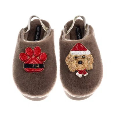 Laines London Women's Brown / Gold / Neutrals Flatform Cloud Slippers With Christmas Golden Cavapoo & Paw Brooches In Multi