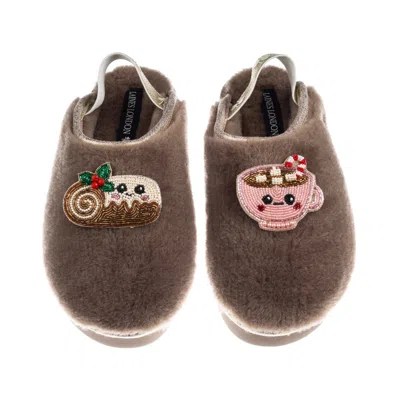 Laines London Women's Brown / Gold / Neutrals Flatform Cloud Slippers With Christmas Lovable Yule Log & Hot Chocol In Multi