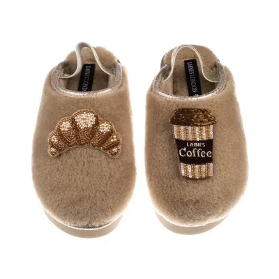 Laines London Women's Brown / Gold / Neutrals Flatform Cloud Slippers With Coffee & Croissant Brooches Brooches -  In Multi