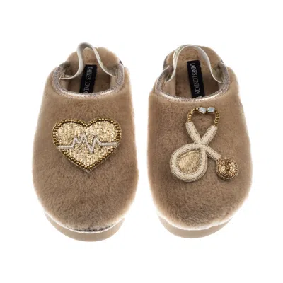 Laines London Women's Brown / Gold / Neutrals Flatform Cloud Slippers With Doctor Brooches - Toffee