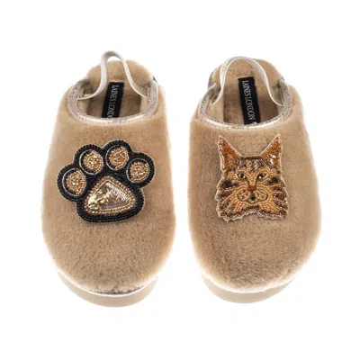 Laines London Women's Brown / Gold / Neutrals Flatform Cloud Slippers With Ginger Maine Coon Cat & Paw Brooches -  In Multi