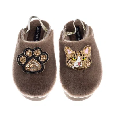 Laines London Women's Brown / Gold / Neutrals Flatform Cloud Slippers With Ginger Tabby Cat & Paw Brooches - Mink In Multi