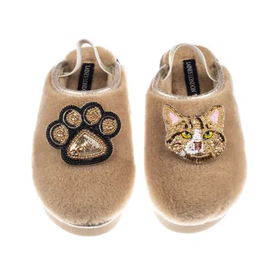 Laines London Women's Brown / Gold / Neutrals Flatform Cloud Slippers With Ginger Tabby Cat & Paw Brooches - Toffe
