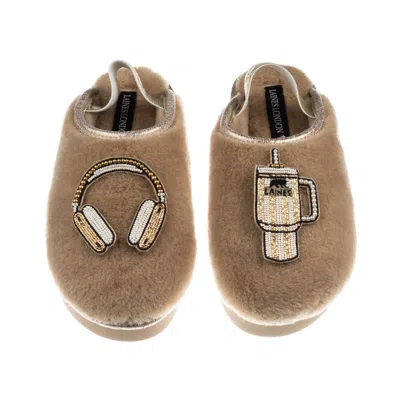 Laines London Women's Brown / Gold / Neutrals Flatform Cloud Slippers With Headphones & Quencher Brooches - Toffee