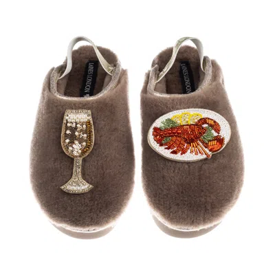Laines London Women's Brown / Gold / Neutrals Flatform Cloud Slippers With Lobster Platter & Glass Of Fizz Brooche