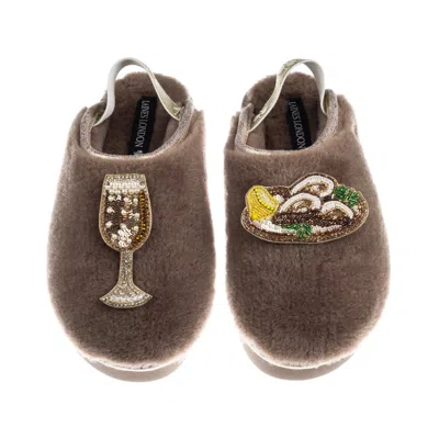 Laines London Women's Brown / Gold / Neutrals Flatform Cloud Slippers With Oysters & Glass Of Fizz Brooches - Mink In Multi