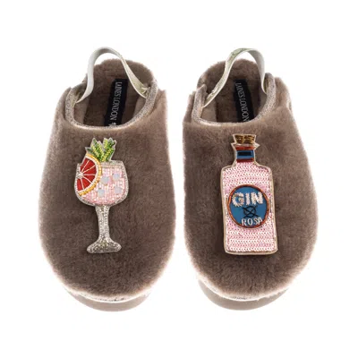 Laines London Women's Brown / Gold / Neutrals Flatform Cloud Slippers With Pink Rosa & Grapefruit Gin Brooches - M