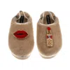 Laines London Women's Brown / Gold / Neutrals Flatform Cloud Slippers With Red Lips & Lipstick Brooches - Toffee In Brown