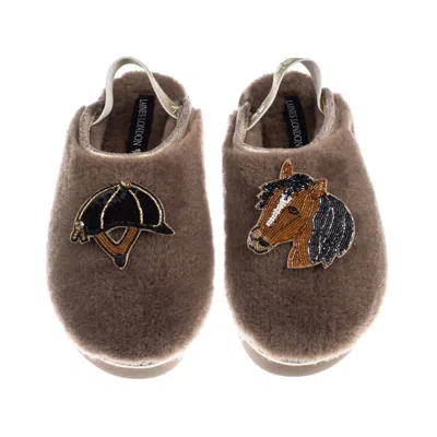 Laines London Women's Brown / Gold / Neutrals Flatform Cloud Slippers With Riding Hat & Horse Brooches - Mink