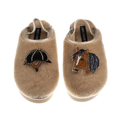 Laines London Women's Brown / Gold / Neutrals Flatform Cloud Slippers With Riding Hat & Horse Brooches - Toffee In Multi