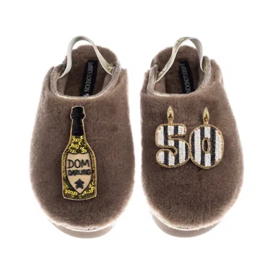 Laines London Women's Brown / Gold / Neutrals Flatform Cloud Slippers With Stripe 50th Birthday & Dom Darling Broo
