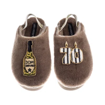 Laines London Women's Brown / Gold / Neutrals Flatform Cloud Slippers With Stripe 70th Birthday & Dom Darling Broo In Multi