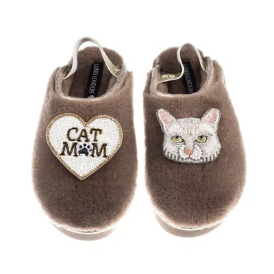 Laines London Women's Brown / Gold / Neutrals Flatform Cloud Slippers With White Lily Cat & Cat Mum/mom Brooches -
