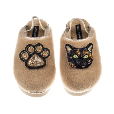 Laines London Women's Brown / Gold / Neutrals Flatform Cloud Slippers With White Misty The Tortoiseshell Cat & Paw
