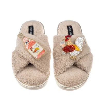 Laines London Women's Brown / Gold / Neutrals Laines Neutral Boucle Slippers With Chicken Wine Brooches - Oatmeal