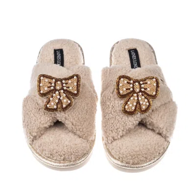 Laines London Women's Brown / Gold / Neutrals Neutral Boucle Slippers With Brown & Pearl Beaded Pretty Bow Brooche