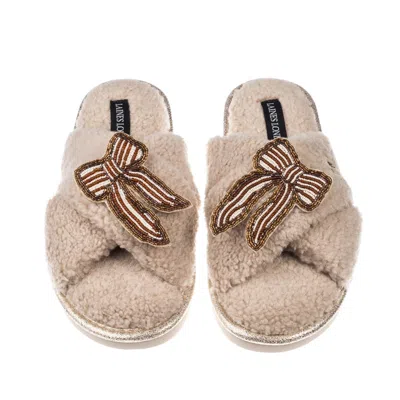 Laines London Women's Brown / Gold / Neutrals Neutral Boucle Slippers With Brown & Pearl Beaded Stripe Bow Brooche In Multi