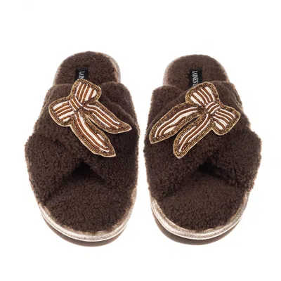 Laines London Women's Brown / Gold / Neutrals Neutral Boucle Slippers With Brown & Pearl Beaded Stripe Bow Brooche In Multi