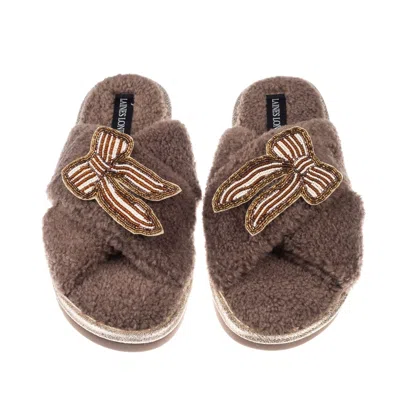 Laines London Women's Brown / Gold / Neutrals Neutral Boucle Slippers With Brown & Pearl Beaded Stripe Bow Brooche In Multi