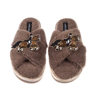 Laines London Women's Brown / Gold / Neutrals Neutral Boucle Slippers With Dressage Horse Brooches - Mink