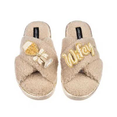 Laines London Women's Brown / Gold / Neutrals Neutral Boucle Slippers With Wifey & Champagne Brooches - Oatmeal In Brown/gold